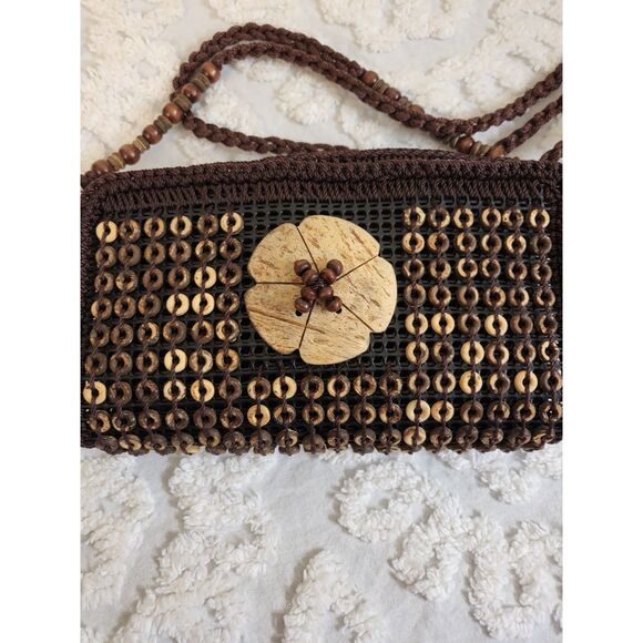 Handmade Brown Crochet Coconut Shell Beaded Flower Small Crossbody Bag Resort - Picture 7 of 7
